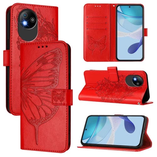 Funda de Cuero para ZTE Blade A35 Lite/A35 Core con Diseño de Mariposa En Relieve (Roja)