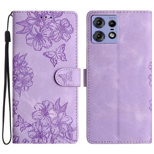 Funda de teléfono Motorola Edge 50 Pro PU con relieve piel mariposa y flor de cerezo (Morado)