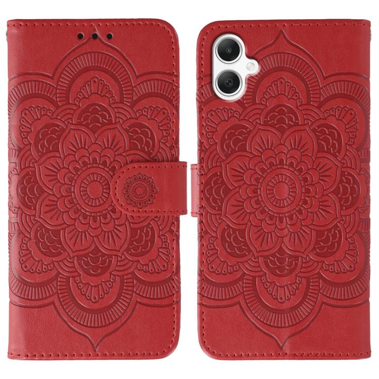 Funda de cuero con estampado de mandala y sol para Samsung Galaxy A05 (roja)
