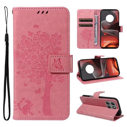 Funda de Cuero con Tapa para Motorola Moto G15 con Diseño de Árbol y Gato en Relieve (Rosa)