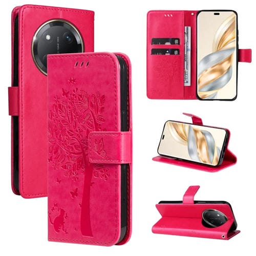 Funda de Cuero con Tapa para Honor X9C 5G Global con Estampado de Árbol y Gato (Rosa Rojo)