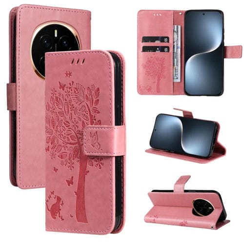 Funda de Cuero con Tapa para Honor Magic7 Estampado Árbol y Gato (Rosa)