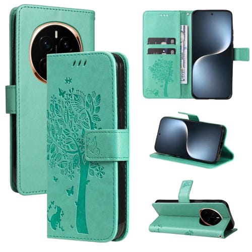 Funda de Cuero con Tapa para Honor Magic7 Estampado Árbol y Gato (Verde)