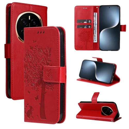 Funda de Cuero con Tapa para Honor Magic7 Estampado Árbol y Gato (Roja)
