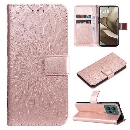 Funda de Cuero con Tapa y Diseño Girasol en Relieve para Motorola Edge 50 5G (Oro Rosa)