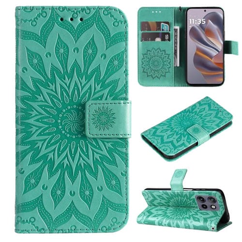 Funda de Cuero con Tapa y Estampado de Girasoles en Relieve para Motorola Edge 50 Neo (Verde)
