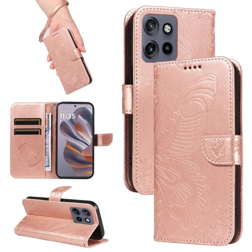 Funda de Cuero con Relieve de Mariposa para Motorola Edge 50 Neo (Oro Rosa)