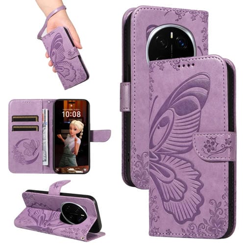 Funda de Cuero con Relieve de Mariposa para Honor Magic7 Pro (Morada)
