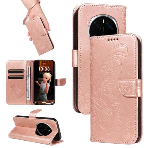 Funda de Cuero con Relieve de Mariposa para Honor Magic7 Pro (Oro Rosa)