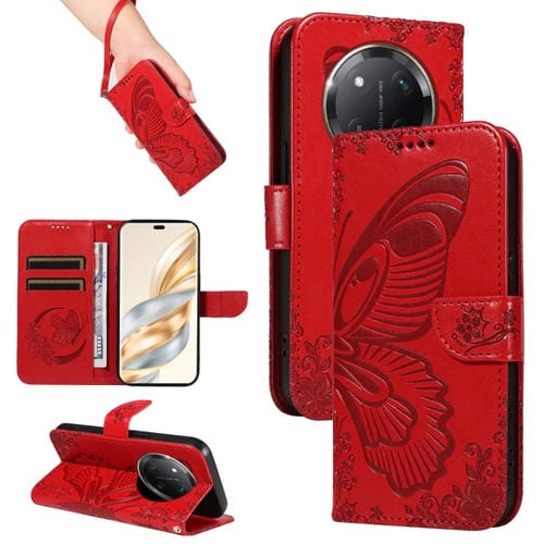 Funda de Cuero con Relieve de Mariposa para Honor X9C 5G (Rojo)