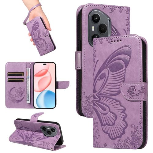 Funda de cuero con relieve de mariposa para Honor 400 Pro Global (160,8 mm) (morado)