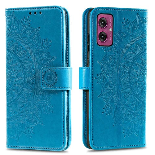 Funda de Cuero con Relieve de Flores y Tótem para Motorola Moto G55 con Cordón (Azul)