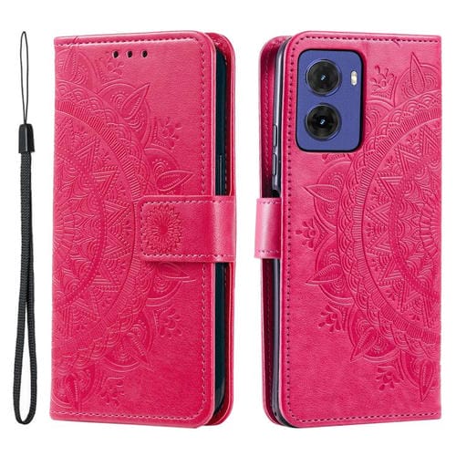 Funda de Cuero con Relieve de Flor de Tótem para Motorola Moto G05 con Cordón (Rojo)