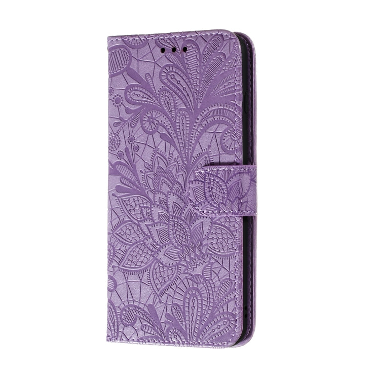 Para Nokia C1 Lace Flower Funda de cuero con tapa horizontal con soporte, ranuras para tarjetas, billetera y marco de fotos (púrpura)