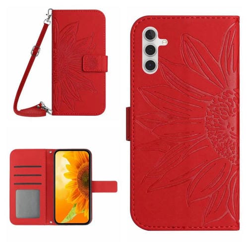 Funda de piel con tapa y cordón para Samsung Galaxy S25 FE 5G, con diseño de girasol en relieve y tacto suave (roja)