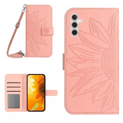 Funda de piel con tapa y cordón para Samsung Galaxy S25 FE 5G, con diseño de girasoles en relieve (rosa)