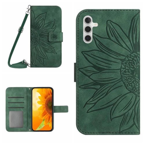 Funda de piel con tapa y cordón para Samsung Galaxy S25 FE 5G, con diseño de girasol en relieve y tacto suave (verde)