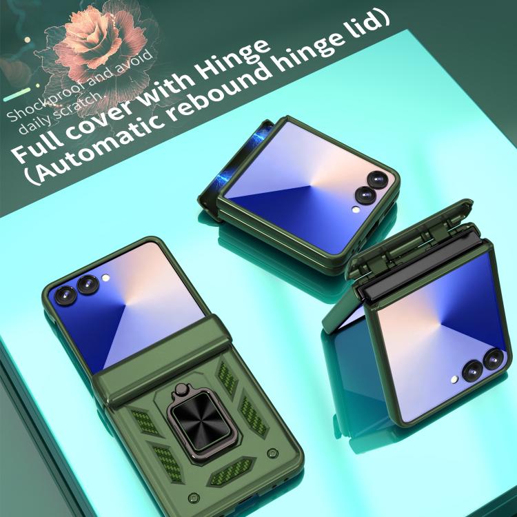 Funda con bisagra y ventana deslizante para Samsung Galaxy Z Flip7 5G con soporte de aro (verde)