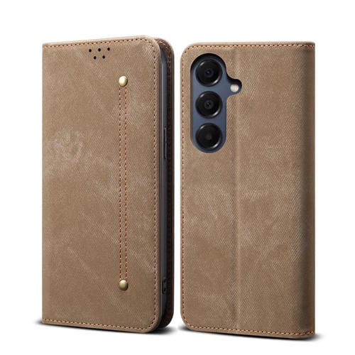 Funda de cuero con tapa horizontal y textura vaquera para Samsung Galaxy S25 FE 5G (caqui)