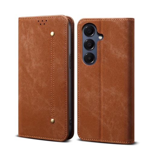 Funda de cuero con tapa horizontal y textura vaquera para Samsung Galaxy S25 FE 5G (marrón)