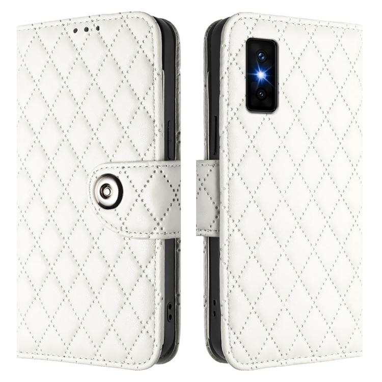 Funda de cuero con textura rómbica y cordón para Infinix GT 30 Pro (blanca)