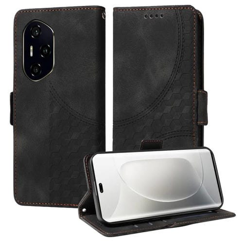 Funda de Cuero Honor 300 Pro con Rombos en Relieve y Estrellas (Negra)