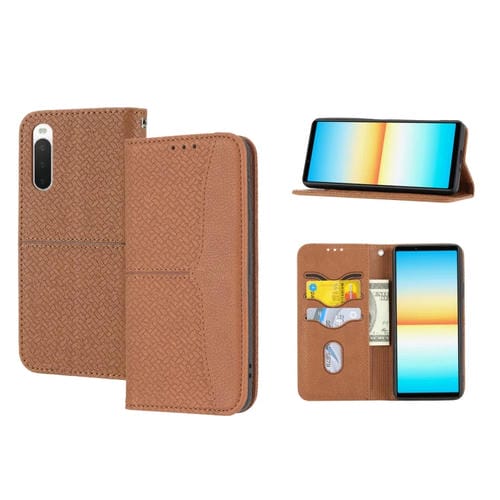 Funda de Cuero Magnética para Sony Xperia 10 Vi con Costuras y Textura Tejida (Marrón)