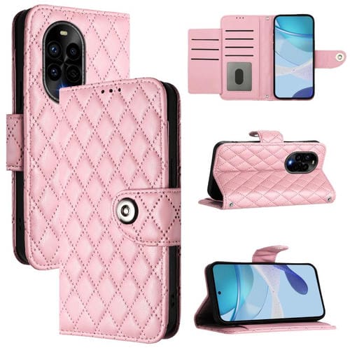 Funda de Cuero con Tapa y Textura Rómbica para Huawei Nova 13 Pro con Cordón (Rosa)