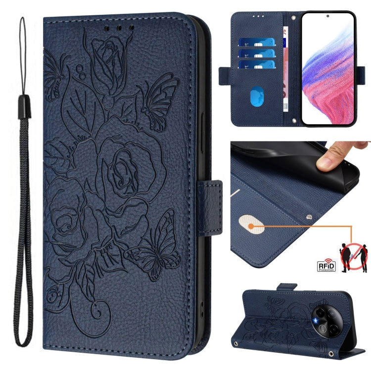 Funda de Cuero Antirrobo RFID con Relieve para Blu Bold K50 (Azul Oscuro)