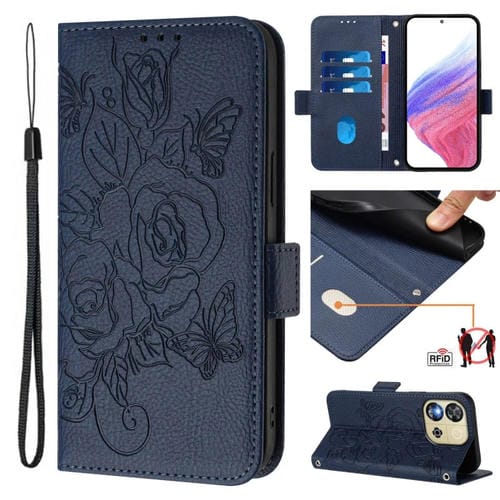 Funda de Cuero Antirrobo RFID con Relieve para Teléfono Oukitel C57S (Azul Oscuro)