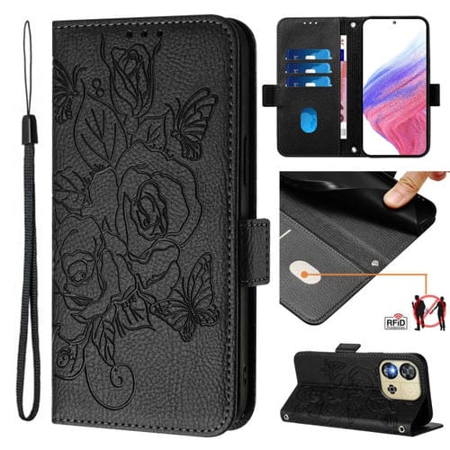 Funda de Cuero Antirrobo RFID con Relieve para Teléfono Oukitel C57S (Negro)