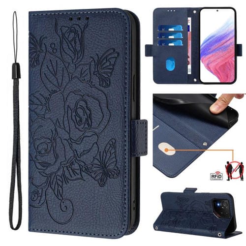 Funda de Cuero Antirrobo Rfid con Relieve Rosa para Asus Rog Phone 9/9 Pro (Azul Oscuro)