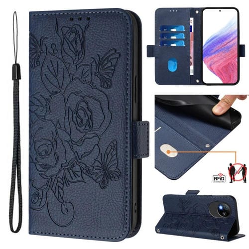 Funda de Cuero Antirrobo Rfid con Relieve Rosa para ZTE Blade A35 Lite (Azul Oscuro)