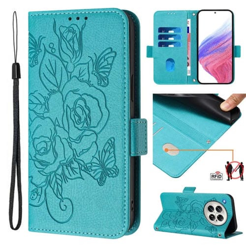 Funda de Cuero Antirrobo RFID con Relieve Rosa para Infinix Zero 40 5G/4G (Azul Claro)