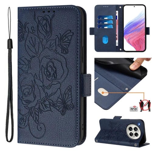 Funda de Cuero Antirrobo RFID con Relieve Rosa para Infinix Zero 40 5G/4G (Azul Oscuro)