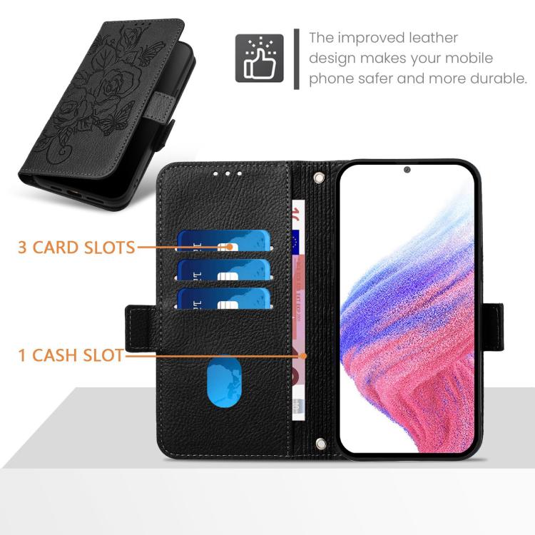 Funda de cuero antirrobo RFID con relieve rosa para Tecno Pop 10 / Infinix Smart 10 4G (negra)