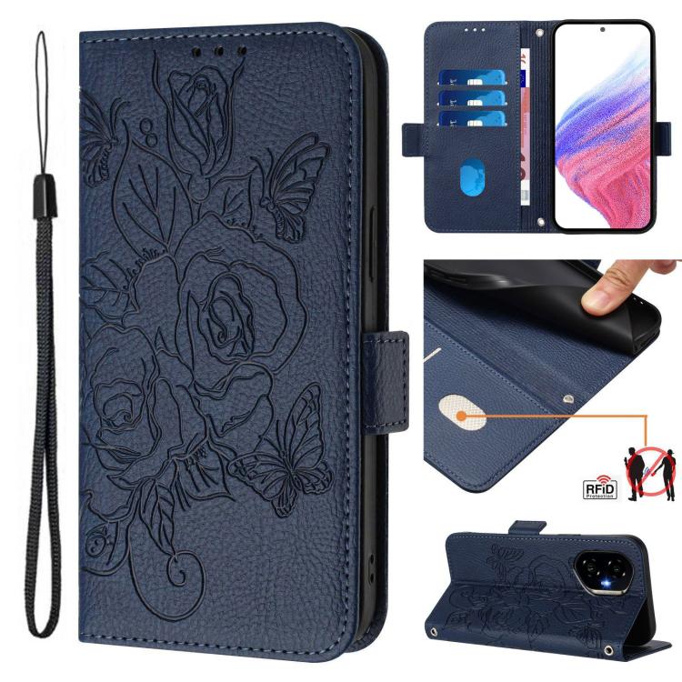 Funda de Cuero Antirrobo RFID con Relieve para Honor 300 5G (Azul Oscuro)
