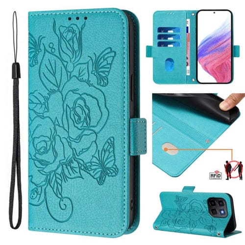Funda de cuero antirrobo RFID con relieve rosa para Honor X6c 4G (azul claro)