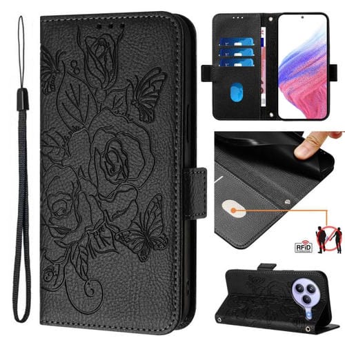 Funda de cuero antirrobo RFID con relieve rosa para Xiaomi Civi 5 Pro 5G (negra)