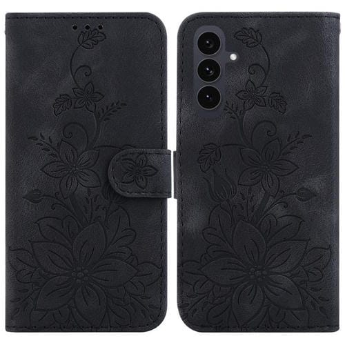 Funda de piel con relieve de lirio para Samsung Galaxy S25 FE 5G (negra)