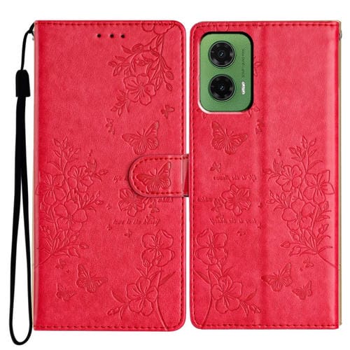 Funda de Cuero Motorola Moto G35 con Diseño de Mariposas y Flores (Roja)
