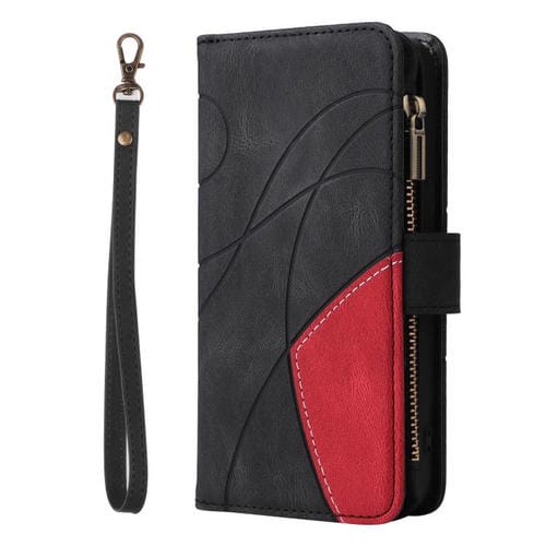 Funda de cuero con cremallera para iPhone 17, bicolor, con 9 ranuras para tarjetas (negro)