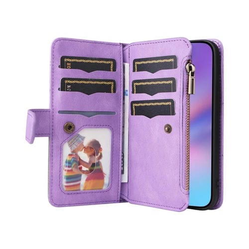 Funda de cuero con cremallera para iPhone 17, bicolor, con 9 ranuras para tarjetas (morado)