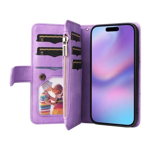 Funda de cuero con cremallera para iPhone 17, bicolor, con 9 ranuras para tarjetas (morado)