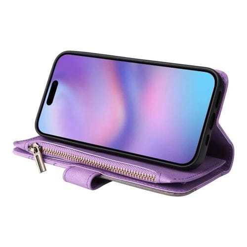 Funda de cuero con cremallera para iPhone 17, bicolor, con 9 ranuras para tarjetas (morado)