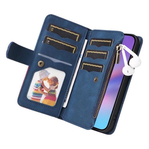 Funda de cuero con cremallera para iPhone 17, bicolor, con 9 ranuras para tarjetas (azul)