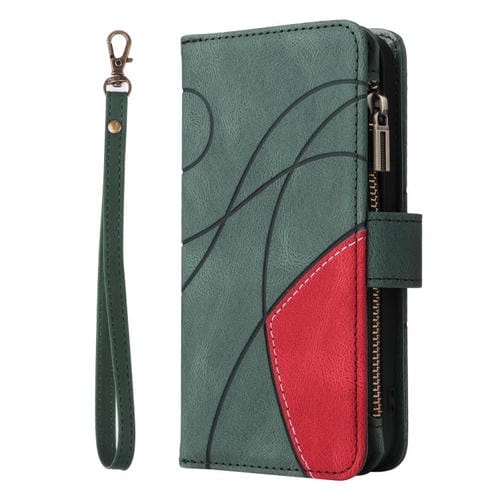 Funda de cuero con cremallera para iPhone 17 Air, bicolor, con 9 ranuras para tarjetas (verde)