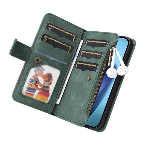 Funda de cuero con cremallera para iPhone 17 Air, bicolor, con 9 ranuras para tarjetas (verde)
