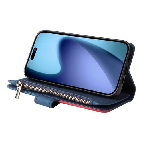 Funda de cuero con cremallera para iPhone 17 Air, bicolor, con 9 ranuras para tarjetas (azul)
