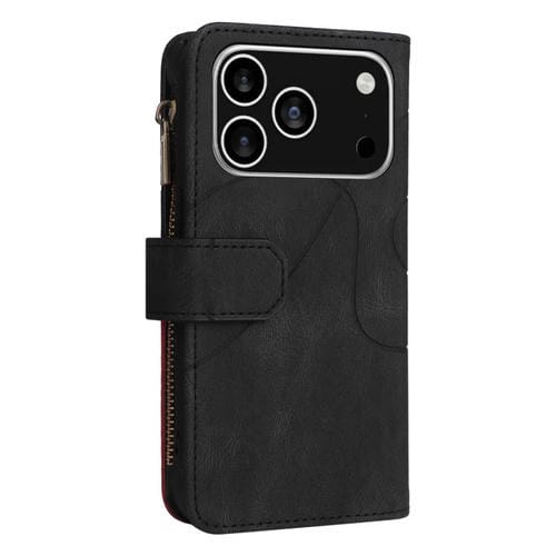 Funda de cuero con cremallera para iPhone 17 Pro, bicolor, con 9 ranuras para tarjetas (negro)